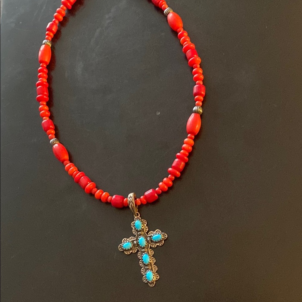 Red Beaded Necklace with Turquoise Cross Pendant